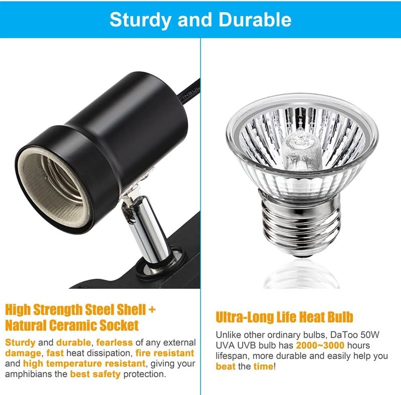 DATOO Reptile Heat Lamp Rotatable Turtle Heating Light with 50W UVA UVB Heat Bulb Simulated Sunlight Basking Spot Lamp with Clamp for Reptiles Lizard Amphibian Bearded Dragon Snake - Image 4